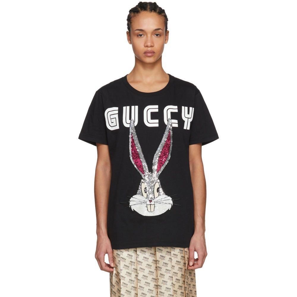 Gucci Black Tee with Sequin Bunny Graphic
